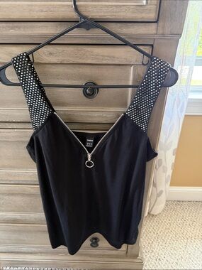 SHEIN Black Tank Top with Rhinestone Strap & Zip